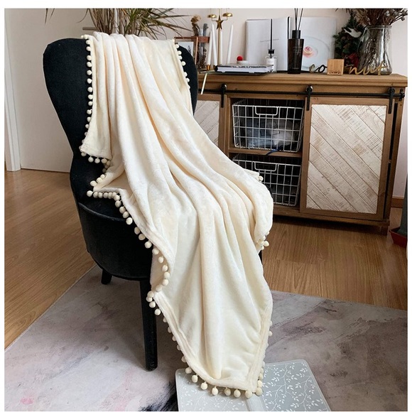 Warm Brown Pompom Fringe Chic Cozy Soft Throw Blanket/Cover - Picture 15 of 16